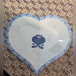 Cottagecore Vintage Stoneware Heart Dish Blue White Ceramic 13x12 Country